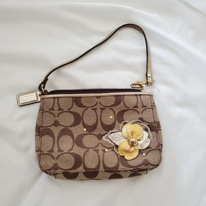 Tan Brown Coach Jacquard Wristlet With Flower